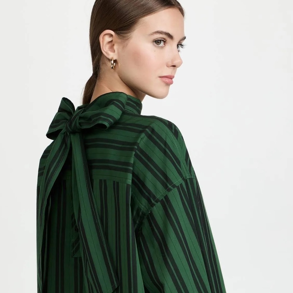 Ganni Mock Neck Tie Stripe Oversized Blouse